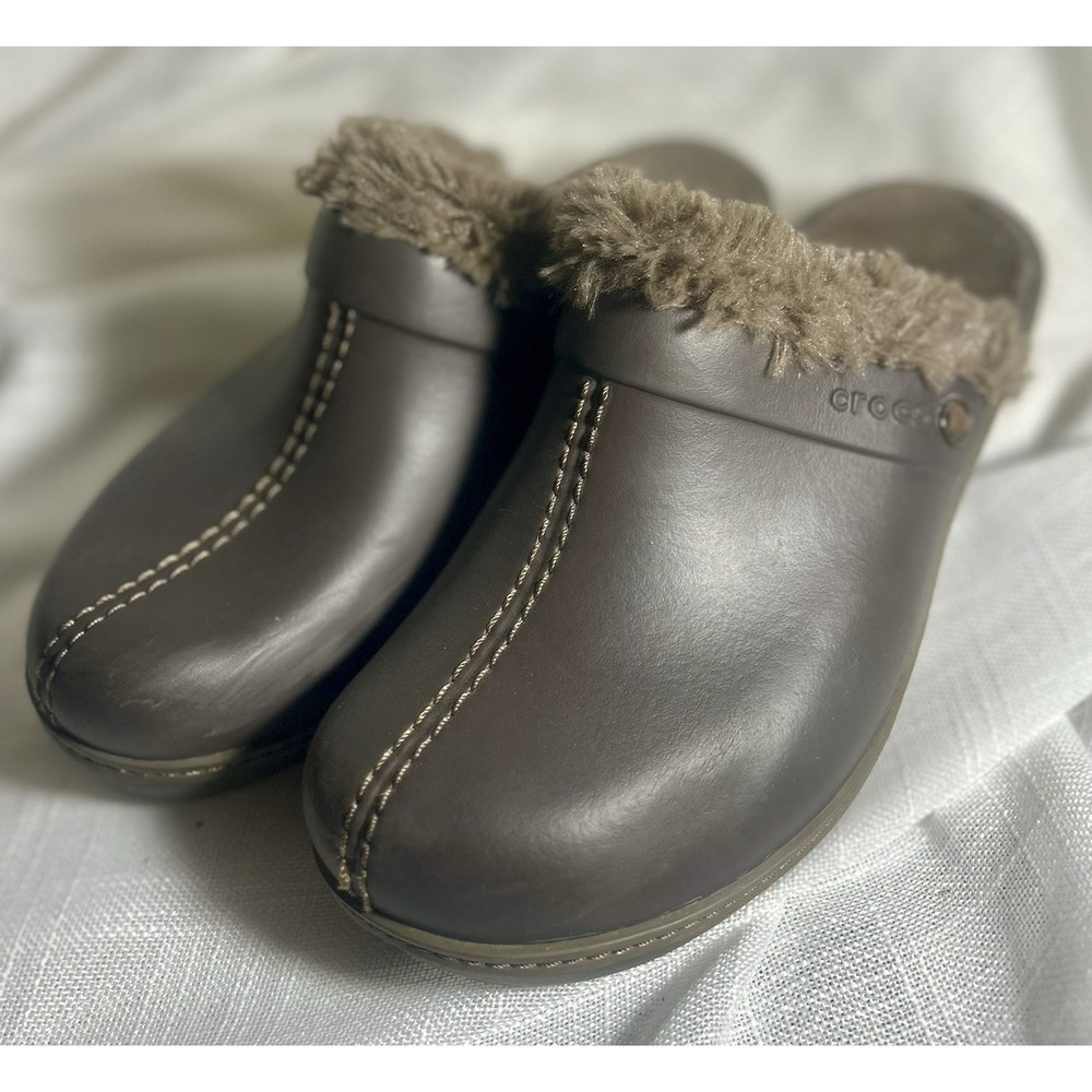 Crocs Cobbler Eva Womens Clog  Size 8  Fur Lined  Mule Heels Brown Split Toe